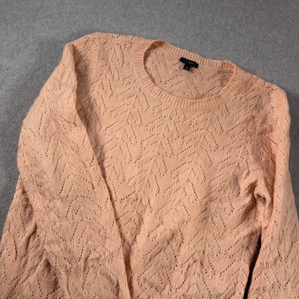 Talbots Sweater Womens M Peach Pointelle Chevron Long Sleeve Crew Neck Pullover